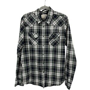 Guess Men's Long Sleeve Plaid Western Shirt 1981 Logo Button Down‎ Pearl Snap L